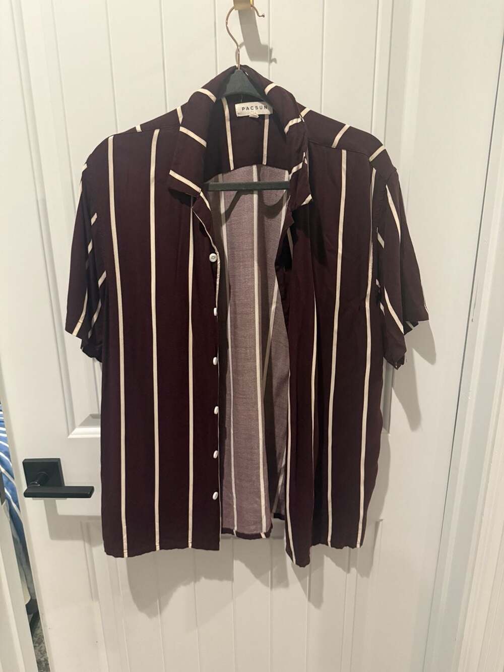 Pacsun Men's Burgundy & Cream Striped Short Sleeve Camp Collar Shirt